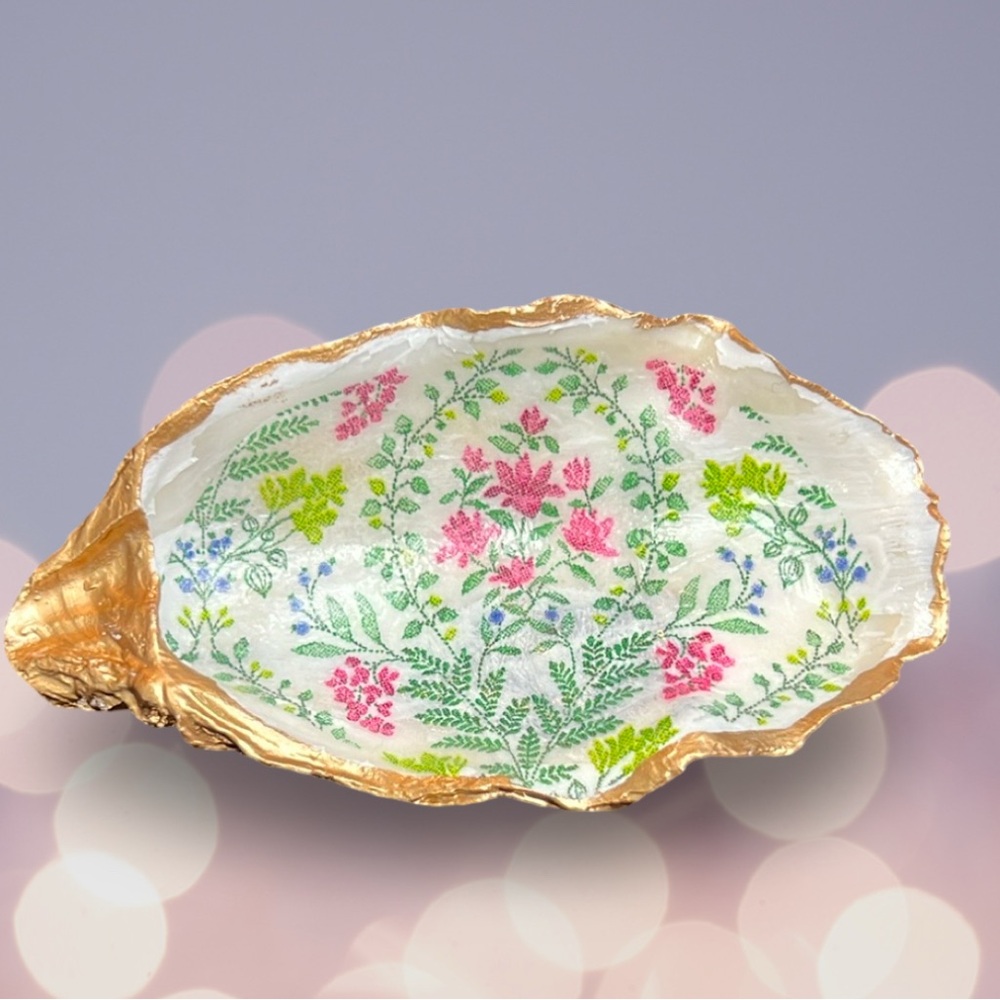 Oyster shell- Floral Decorative Trinket decor Dish with Gold Accents